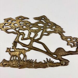 Vintage Brass Tree Of Life With Deer Wall Art Key 5 Hook Hanger 10 x 6 in